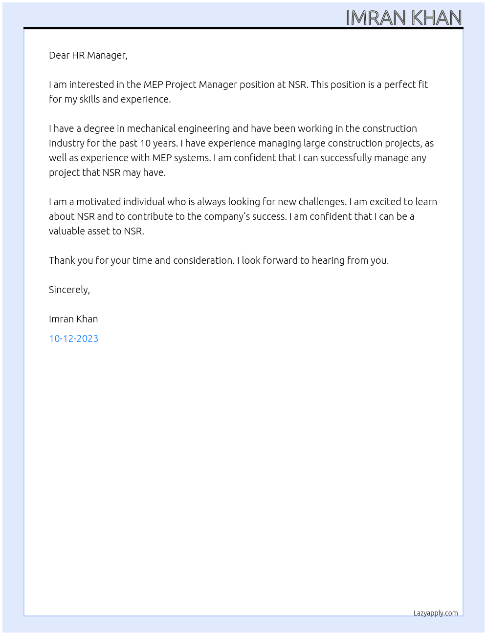 MEP Project Manager At NSR Cover Letter