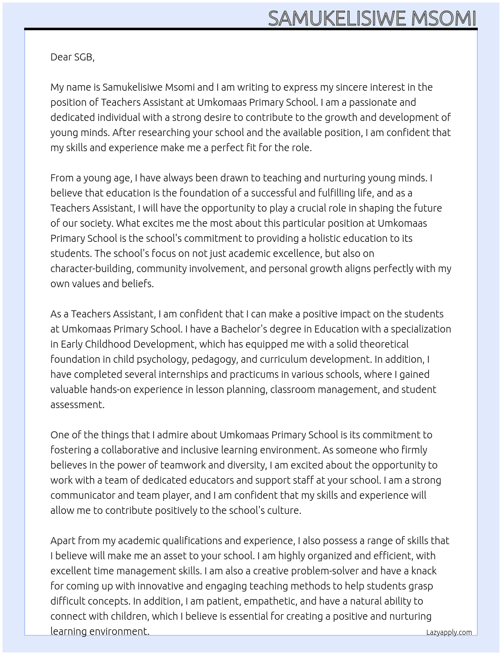 Teachers Assistant  At Umkomaas Primary School Cover Letter