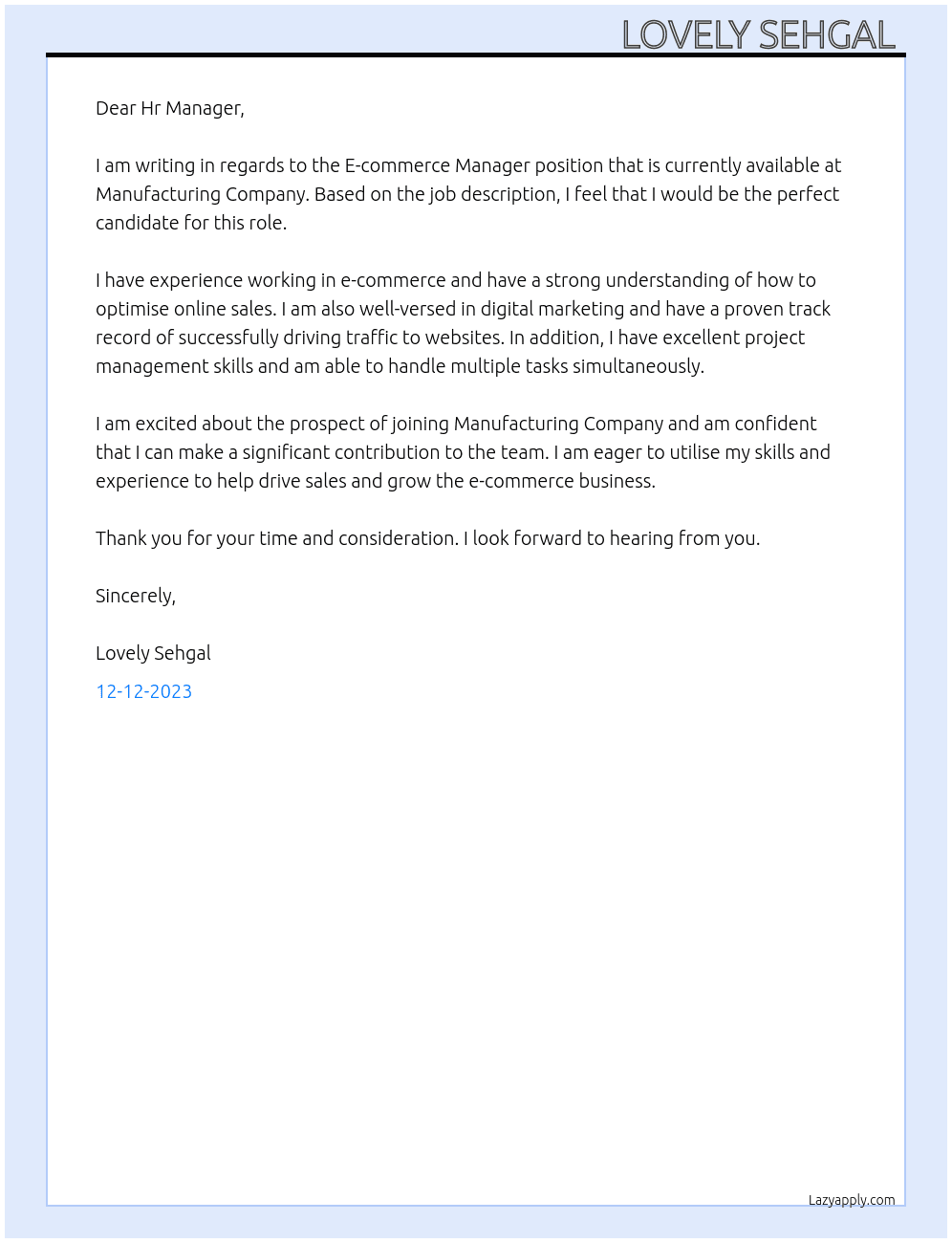 E-commerce Manager At Manufacturing Company  Cover Letter