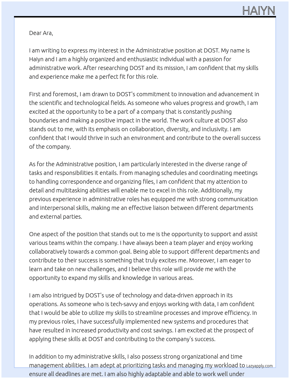 Administrative  At DOST Cover Letter