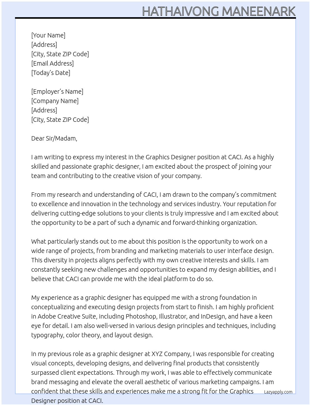 Graphics Designer At CACI Cover Letter