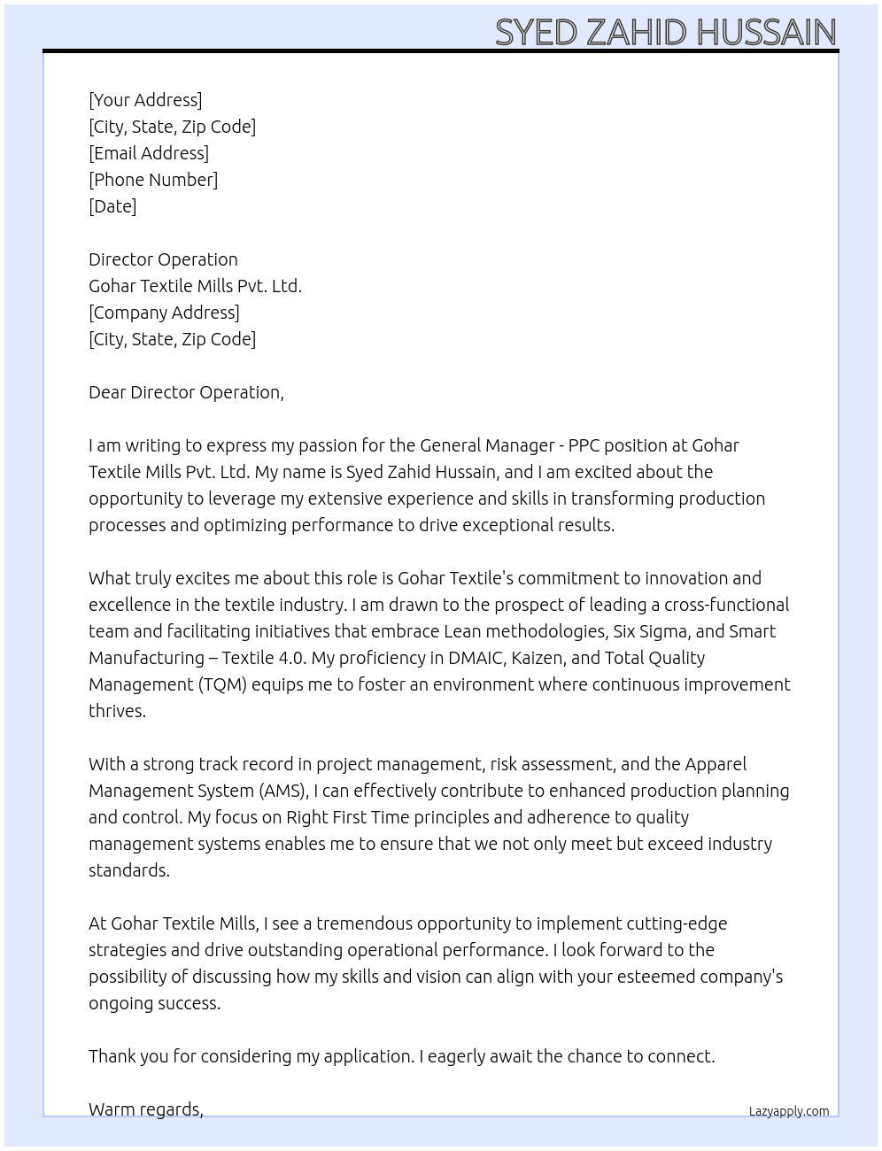 General Manager - PPC At Gohar Textile Mills Pvt. Ltd. Cover Letter