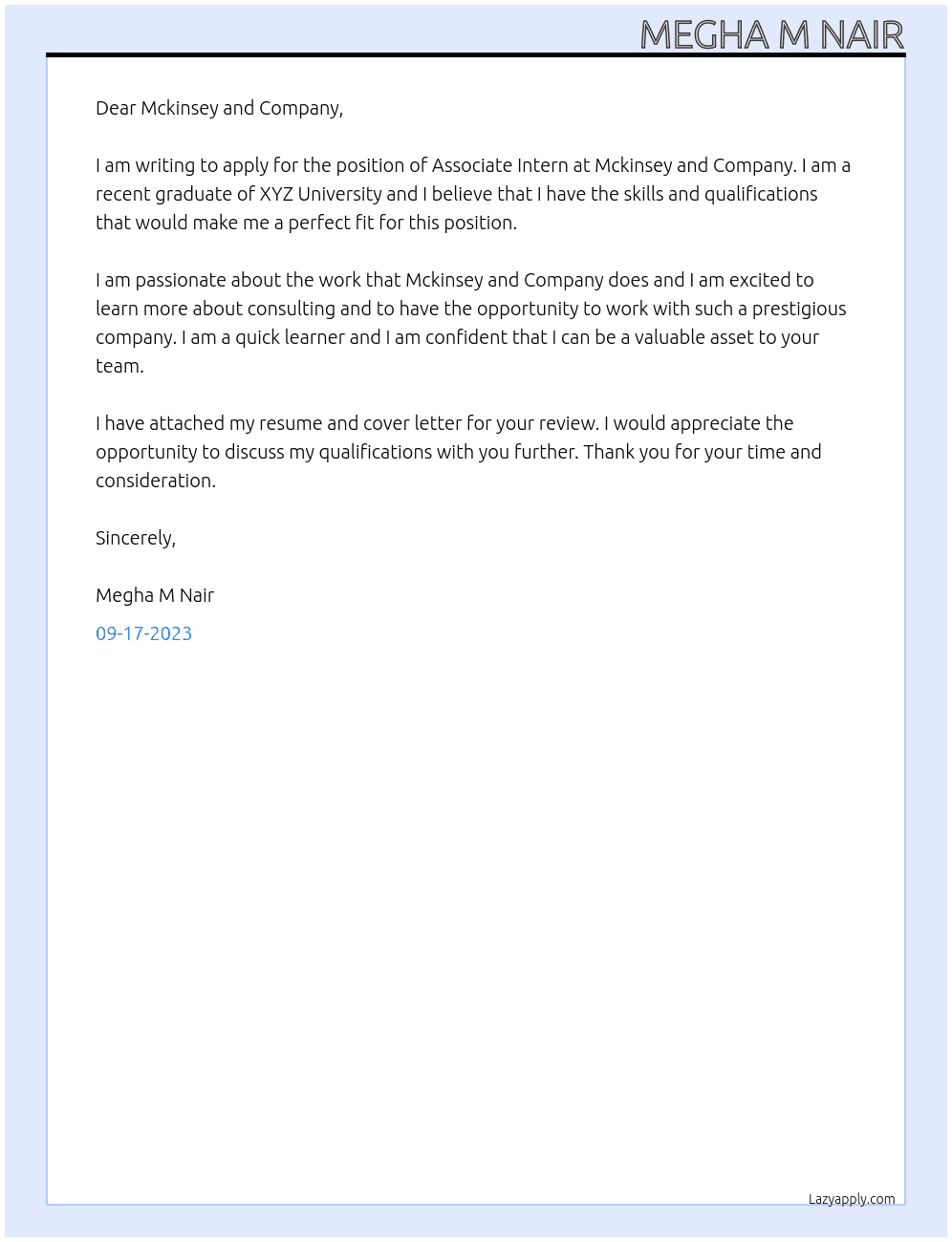 Associate Intern At Mckinsey and Company Cover Letter
