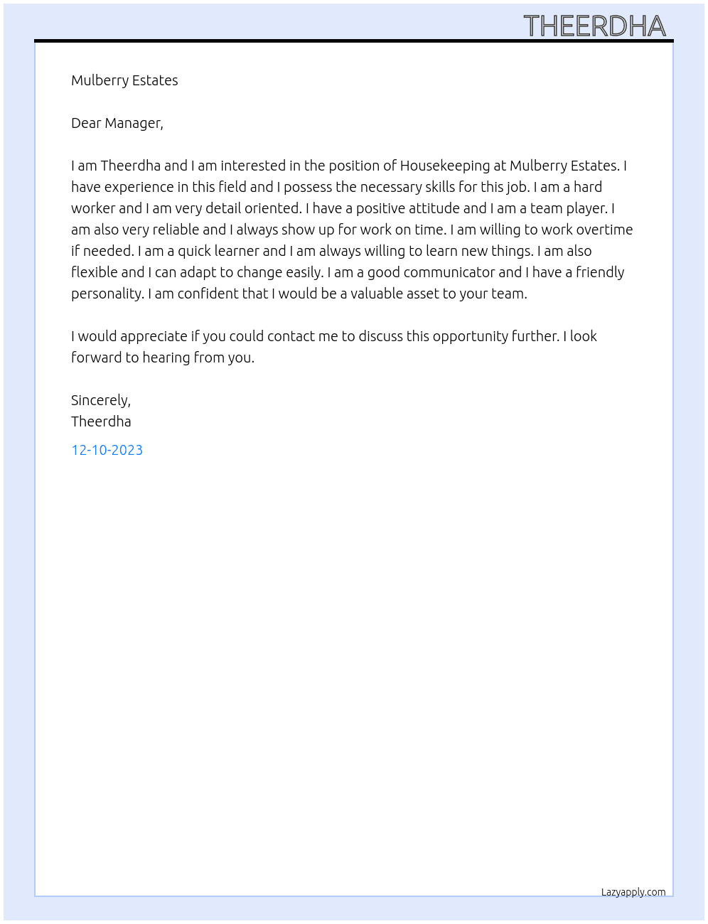 Housekeeping  At Mulberry estates  Cover Letter