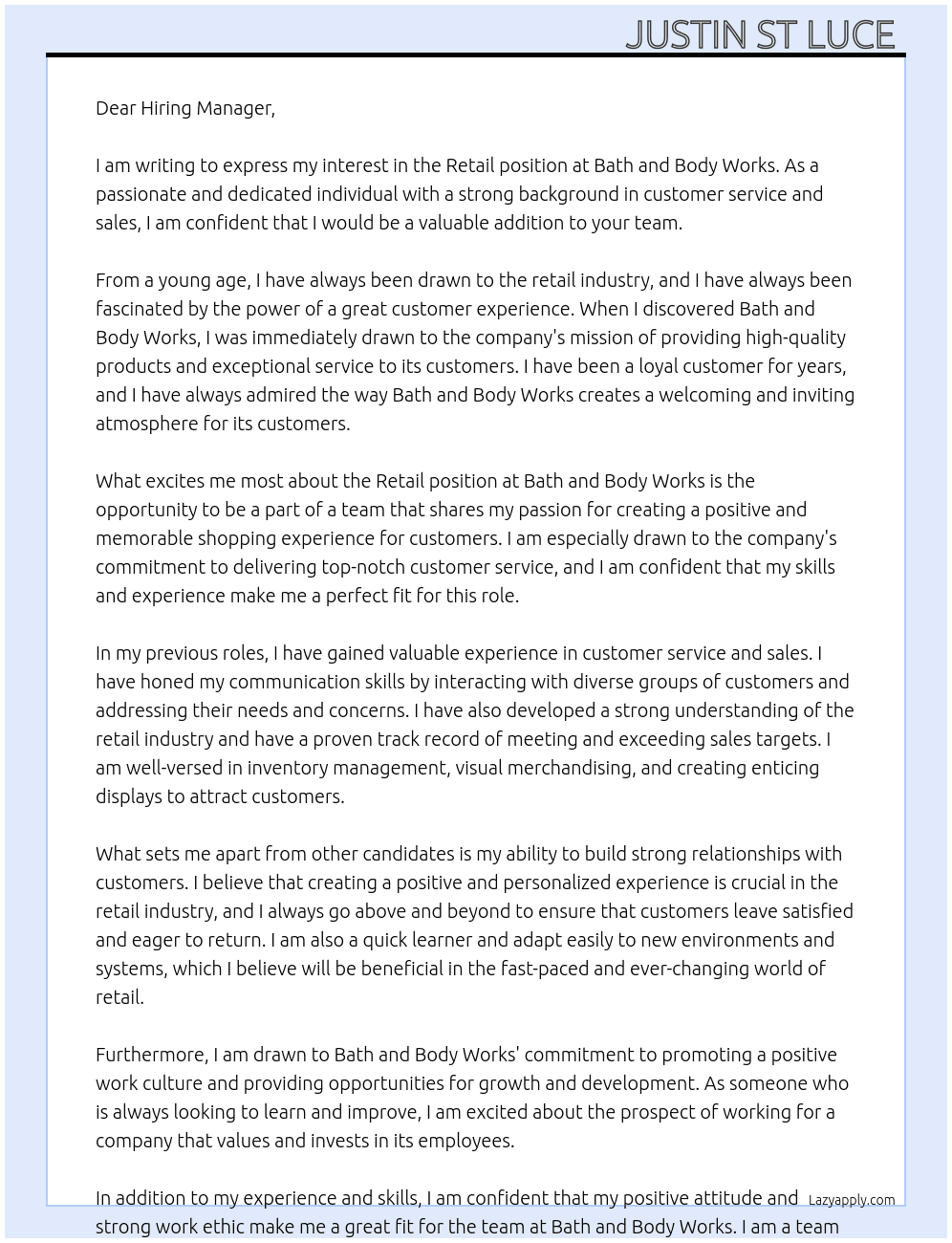 Retail  At Bath and body works  Cover Letter