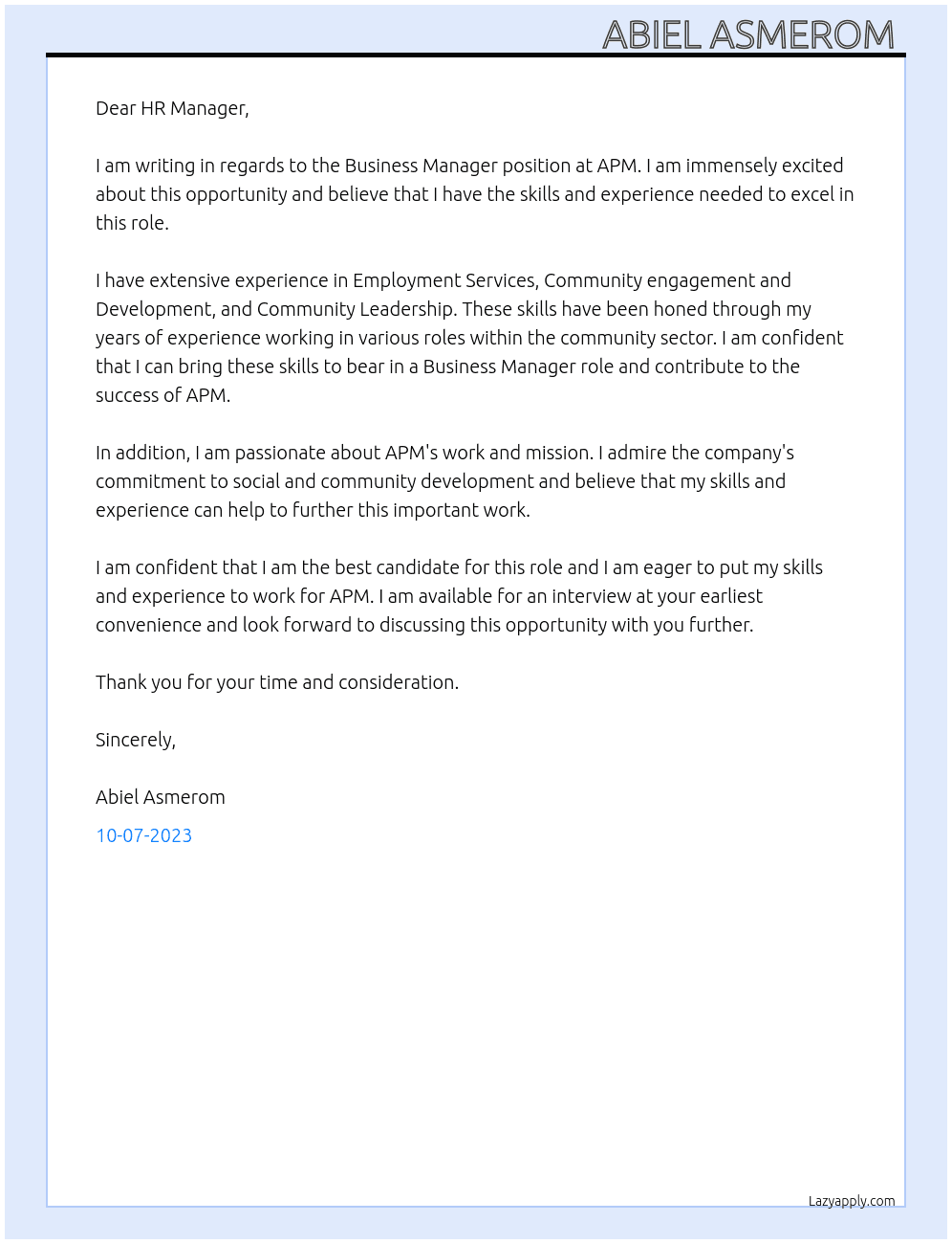 Business Managers  At APM Cover Letter
