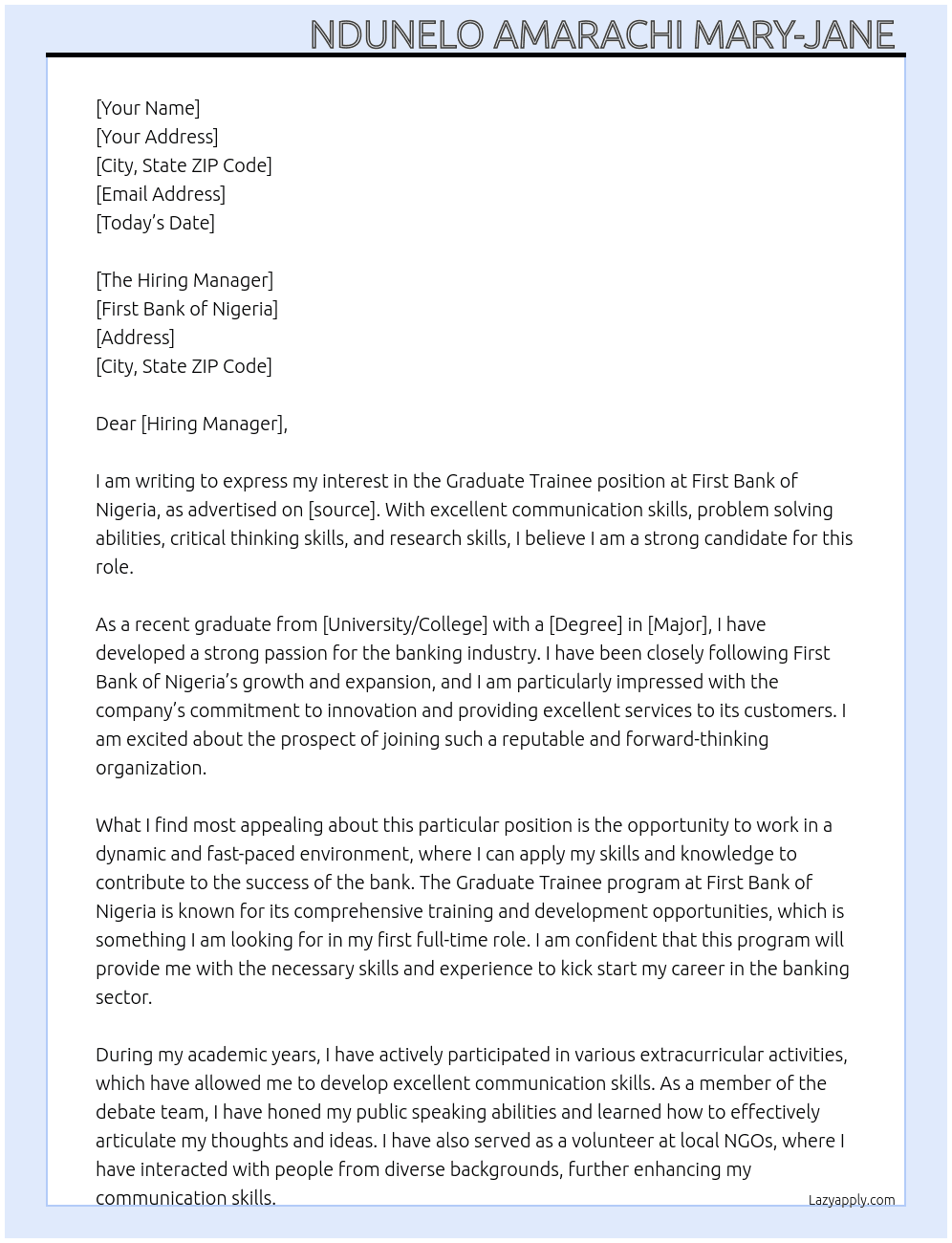 Graduate Trainee  At First Bank of Nigeria  Cover Letter