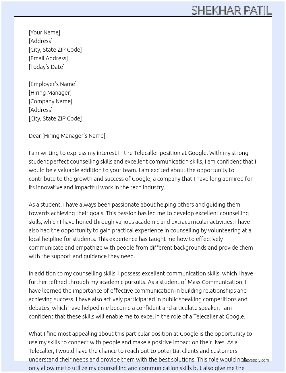 Telecaller At Google Cover Letter