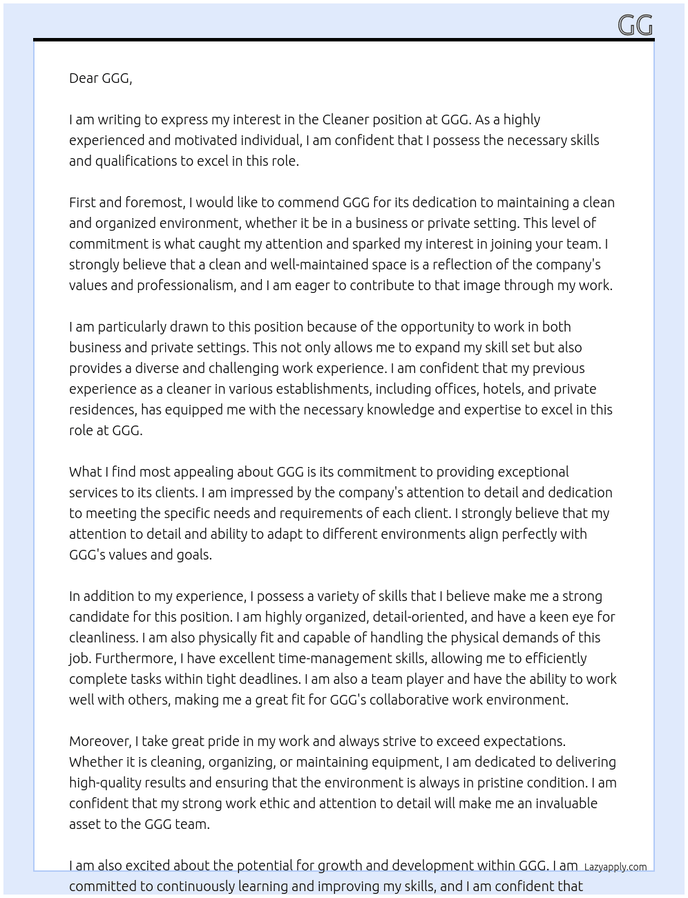 Cleaner (business/private) At ggg Cover Letter