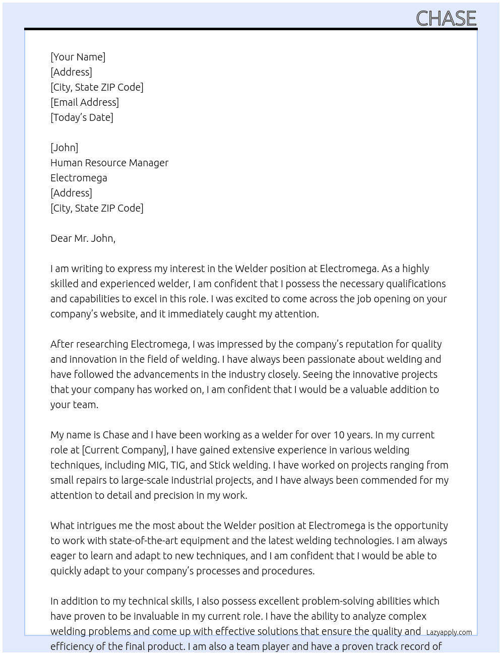 Welder  At Electromega Cover Letter