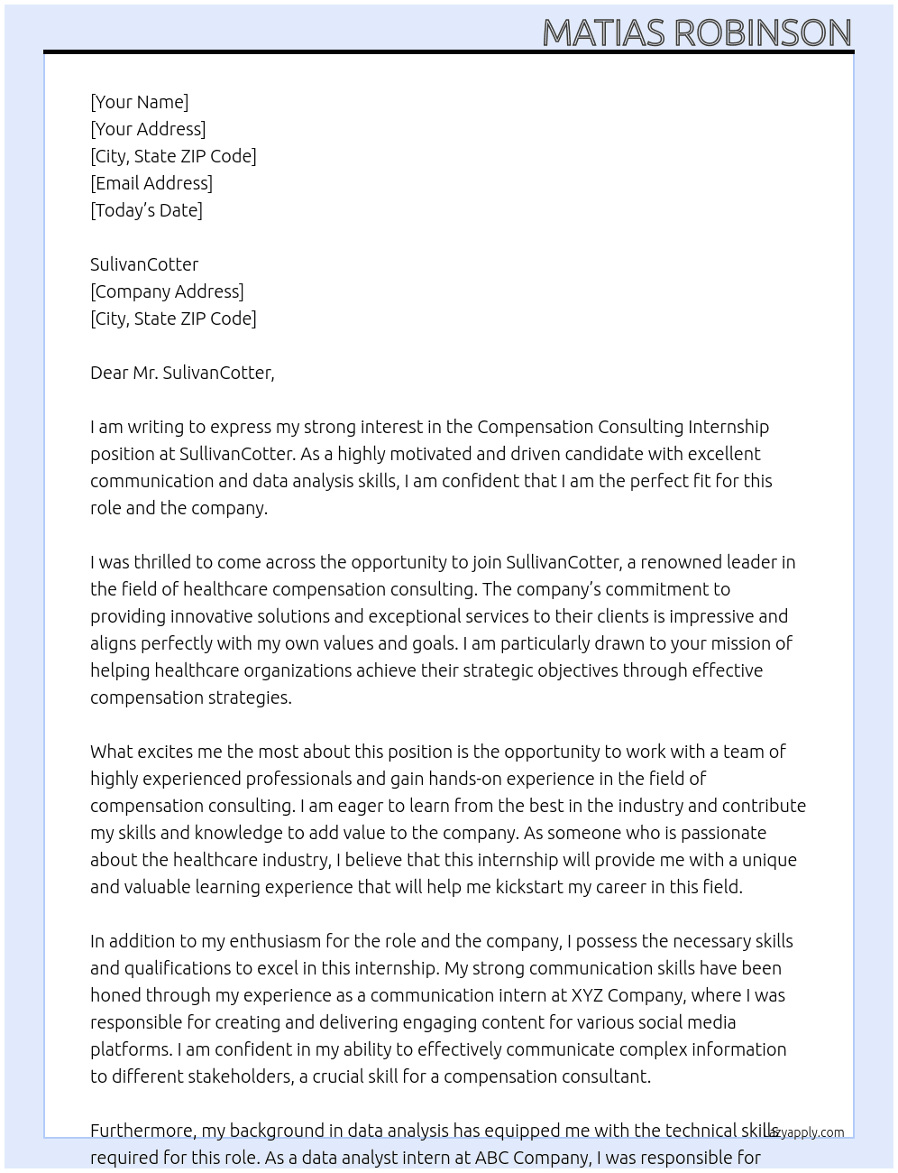Compensation Consulting Internship At SullivanCotter Cover Letter