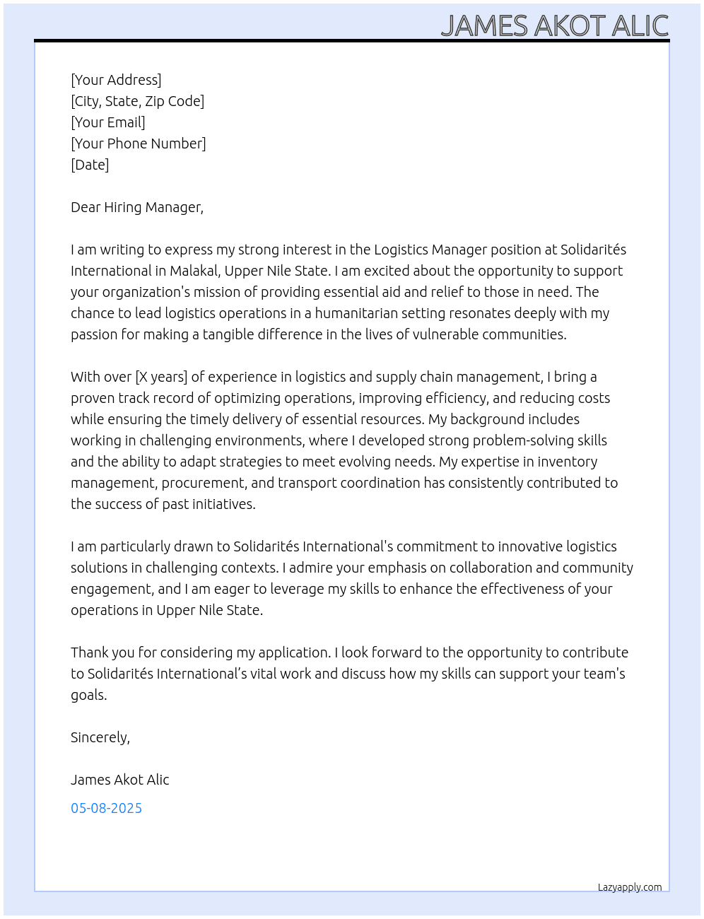 Logistics Manager  At Solidarites International  Cover Letter