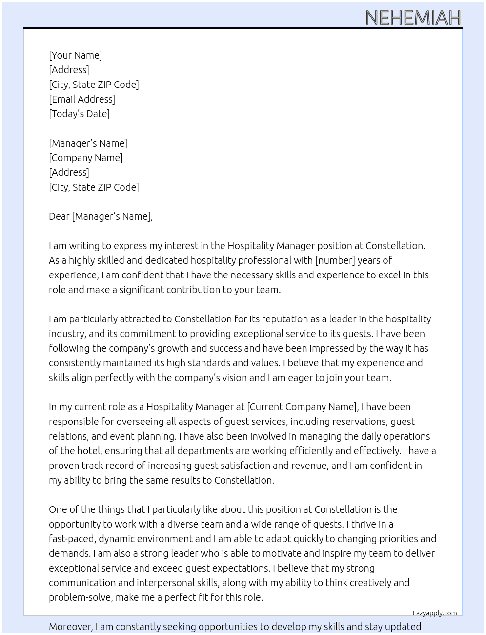 Hospitality  At Constellation  Cover Letter