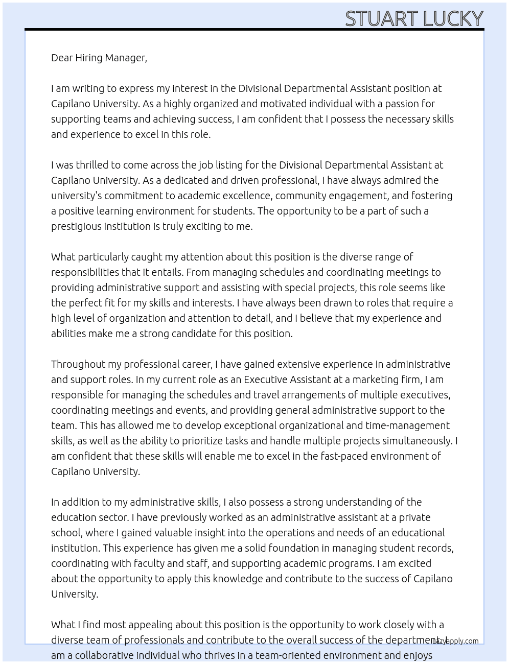Divisional Departmental Assistant At Capilano University Cover Letter