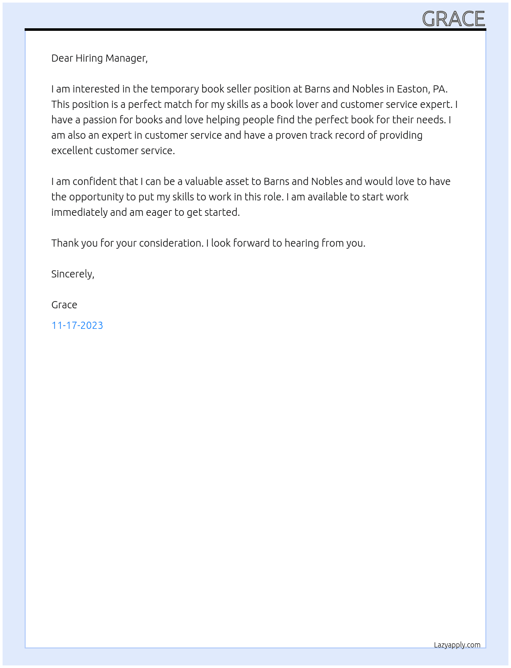 book seller At Barns and Nobles Cover Letter