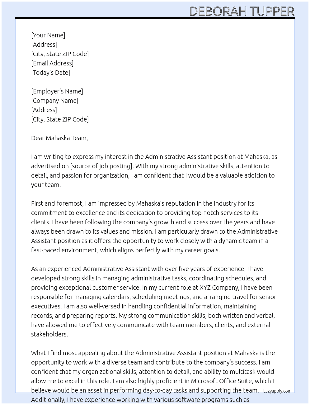 Administrative Assistant  At Mahaska  Cover Letter