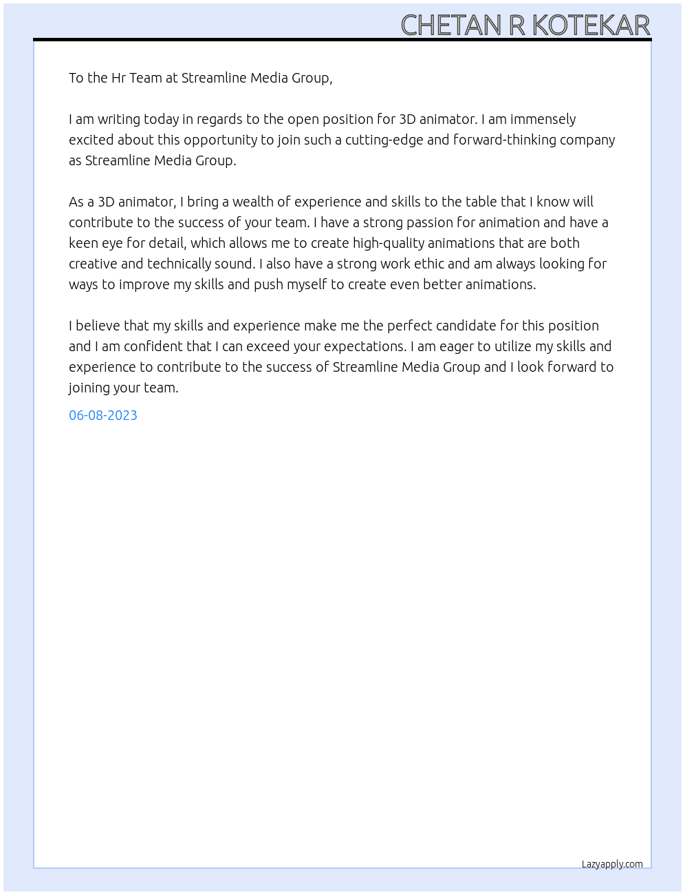 3D animator At  Streamline Media Group Cover Letter