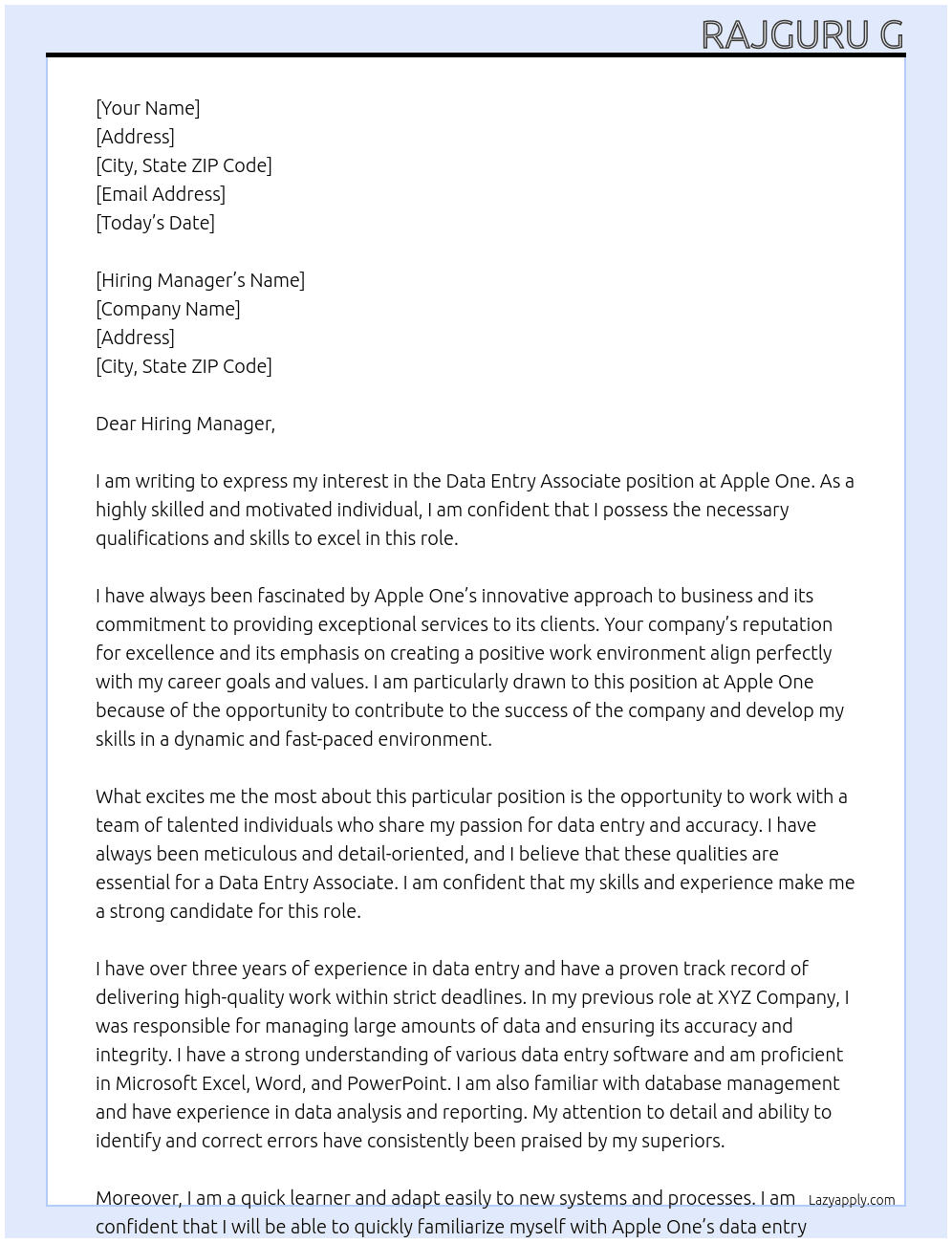 Data Entry Associate At Apple One Cover Letter