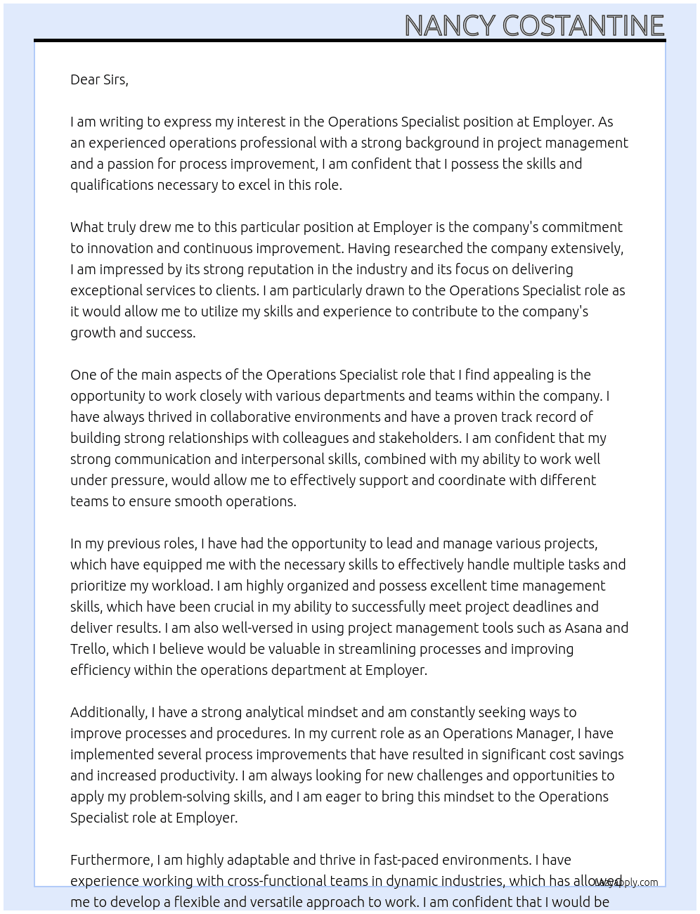Operations Specialist At Employer Cover Letter