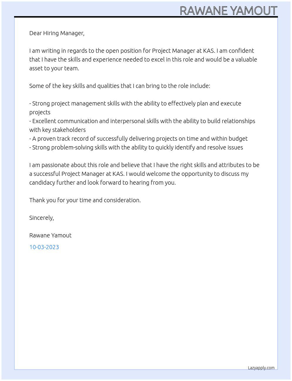 project manager At KAS Cover Letter