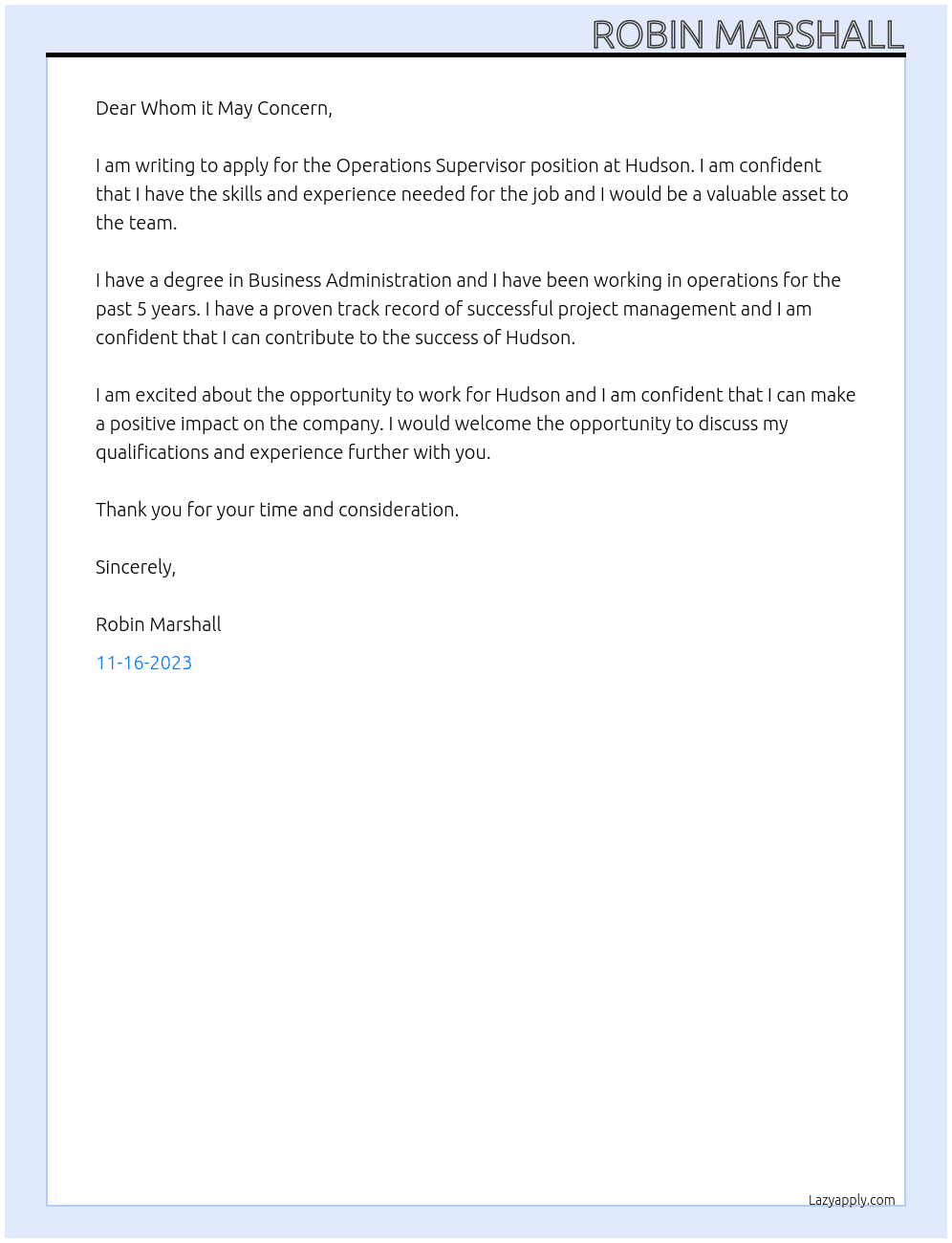 Operations Supervisor  At Hudson  Cover Letter