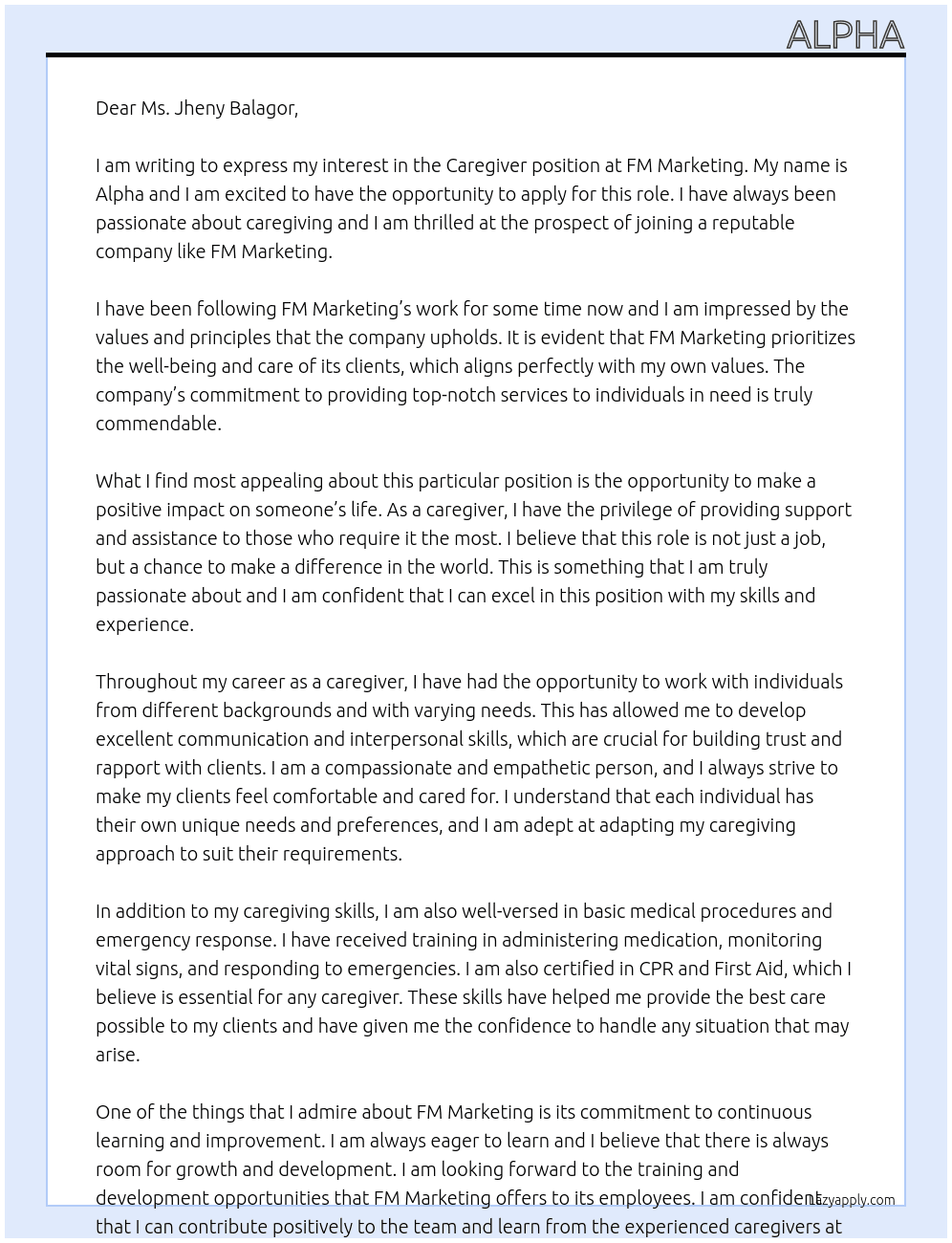 Caregiver  At Fm marketing  Cover Letter