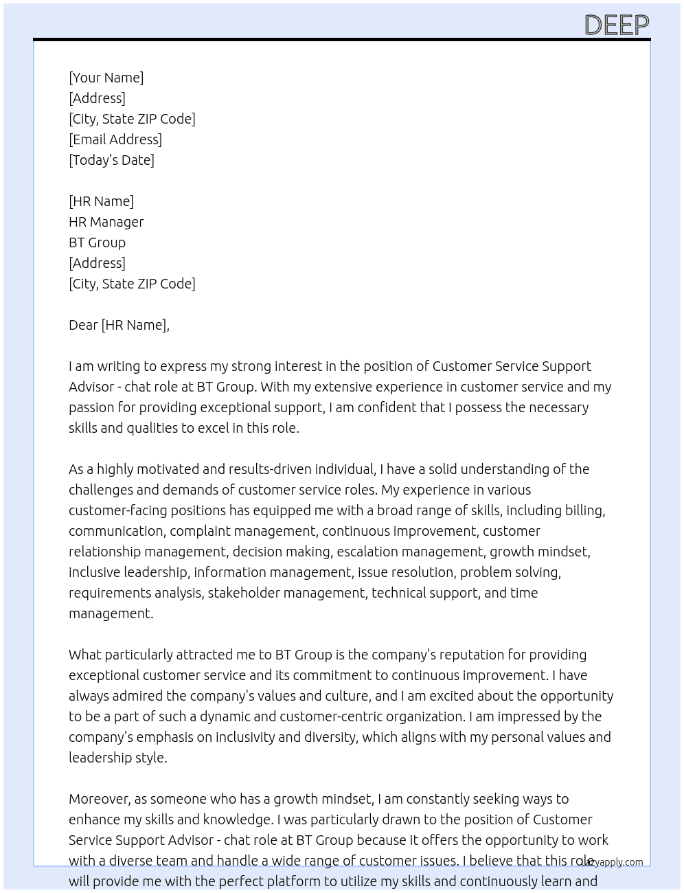 Customer Service Support Advisor- chat role At BT Group Cover Letter