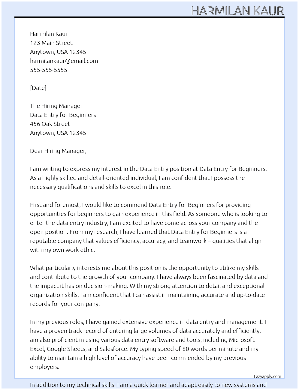 Data entry At Data Entry for beginners Cover Letter