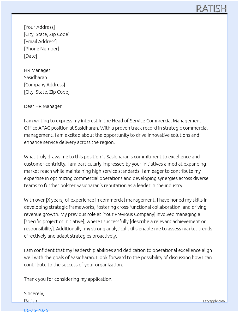 Head of Service Commercial Management Office APAC At Sasidharan Cover Letter