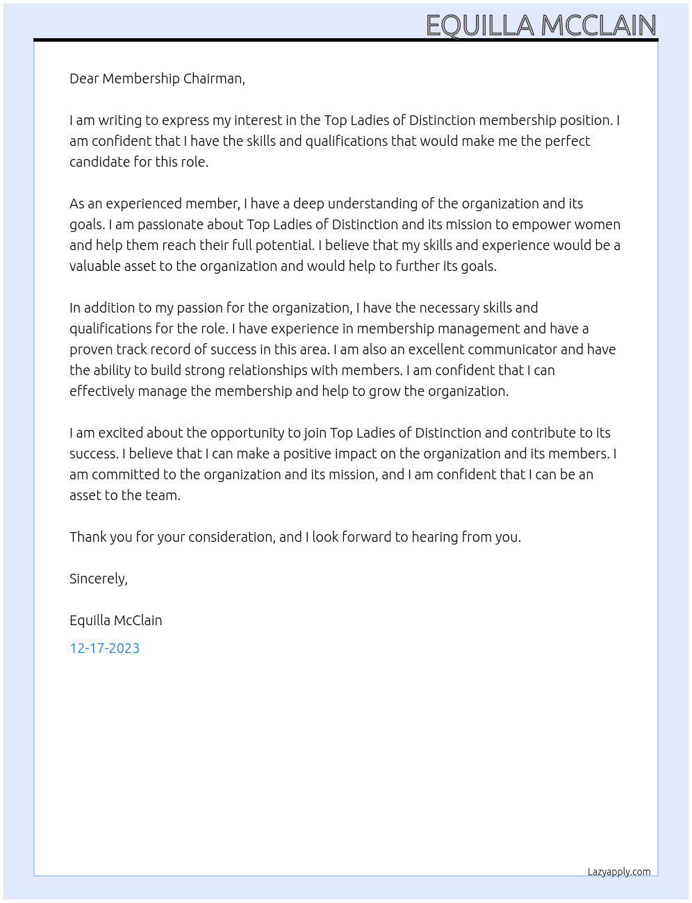 member At Top Ladies of Distinction Cover Letter