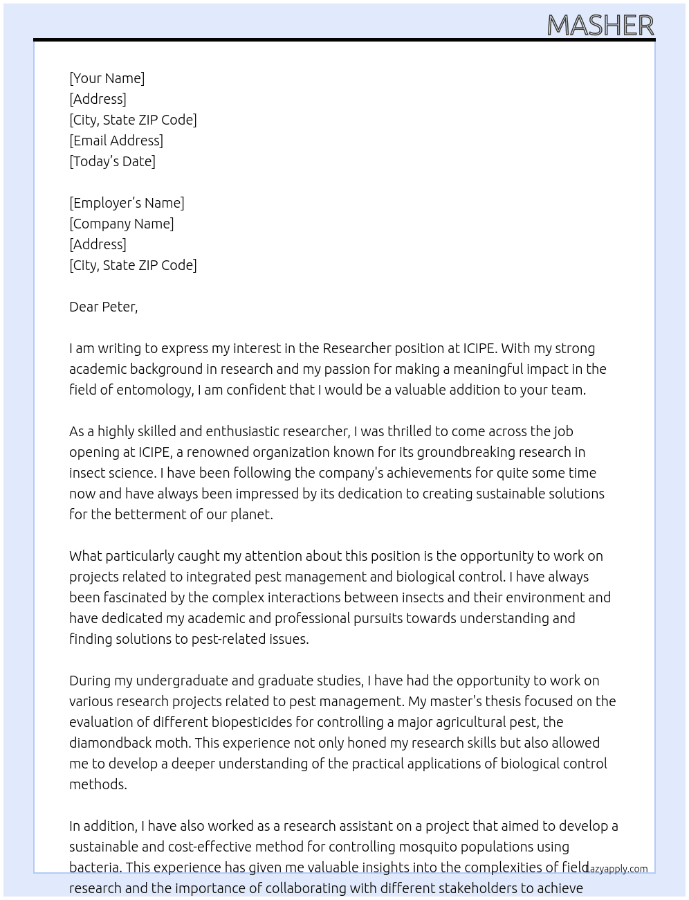 Researcher  At ICIPE  Cover Letter