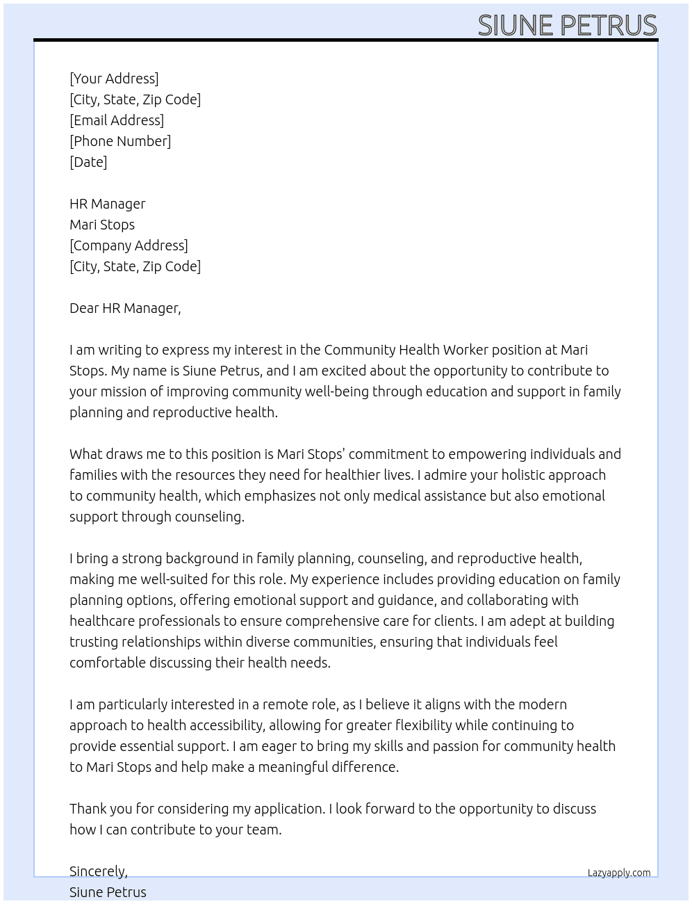 Community Health Worker At Mari Stops Cover Letter