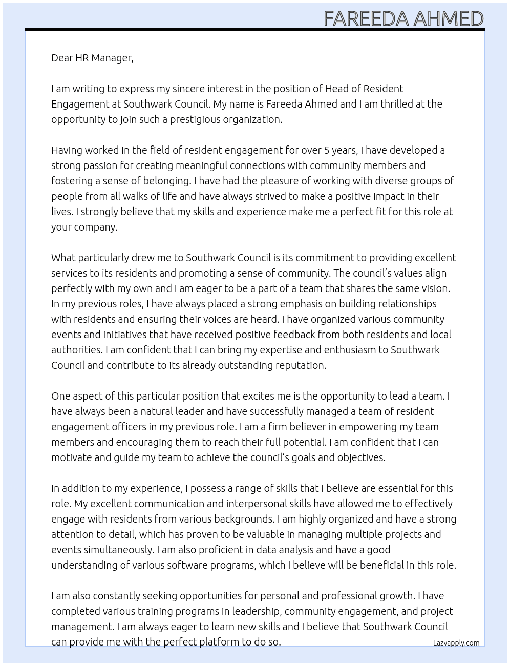 Head of Resident Engagement At Southwark Council Cover Letter