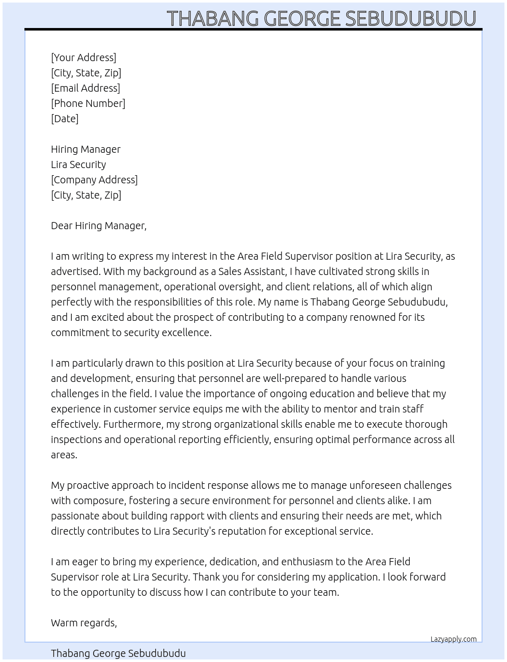 Area field supervisor  At Lira security  Cover Letter