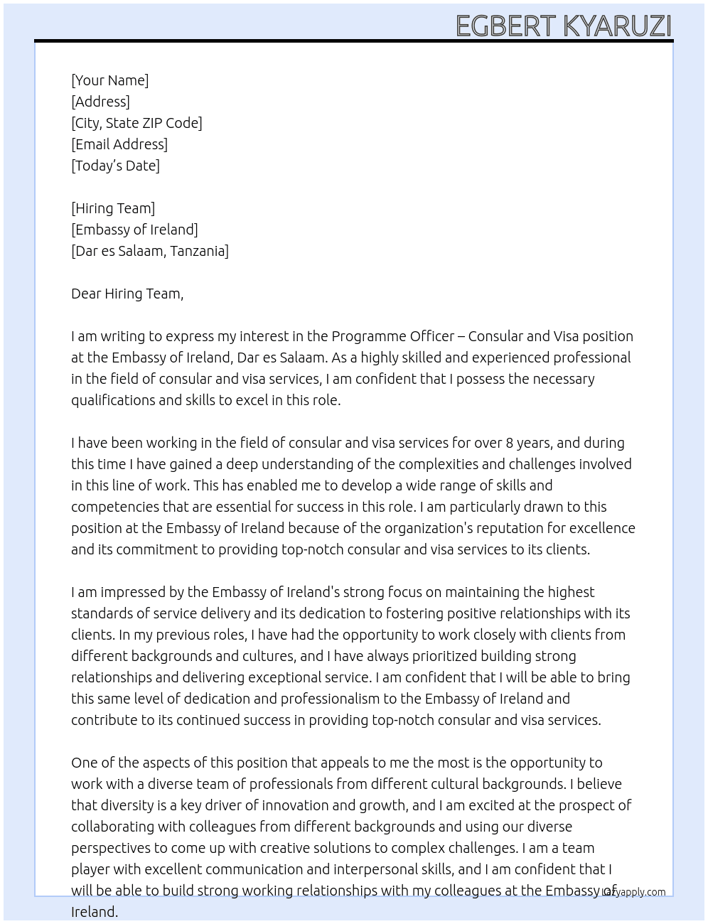  Programme Officer – Consular and Visa At Embassy of Ireland, Dar es Salaam Cover Letter