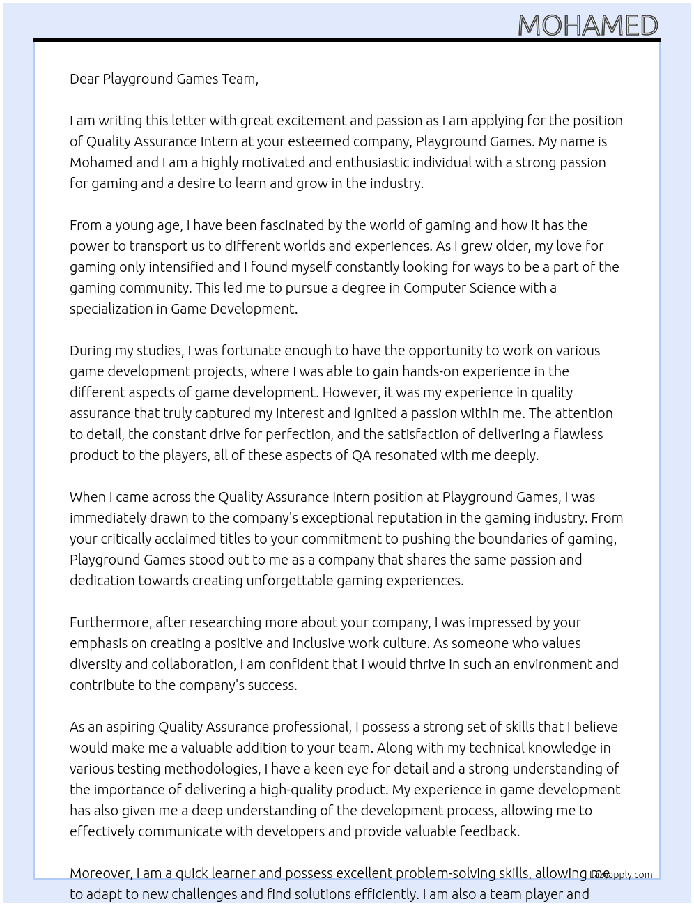 Quality Assurance Intern At Playground Games Cover Letter