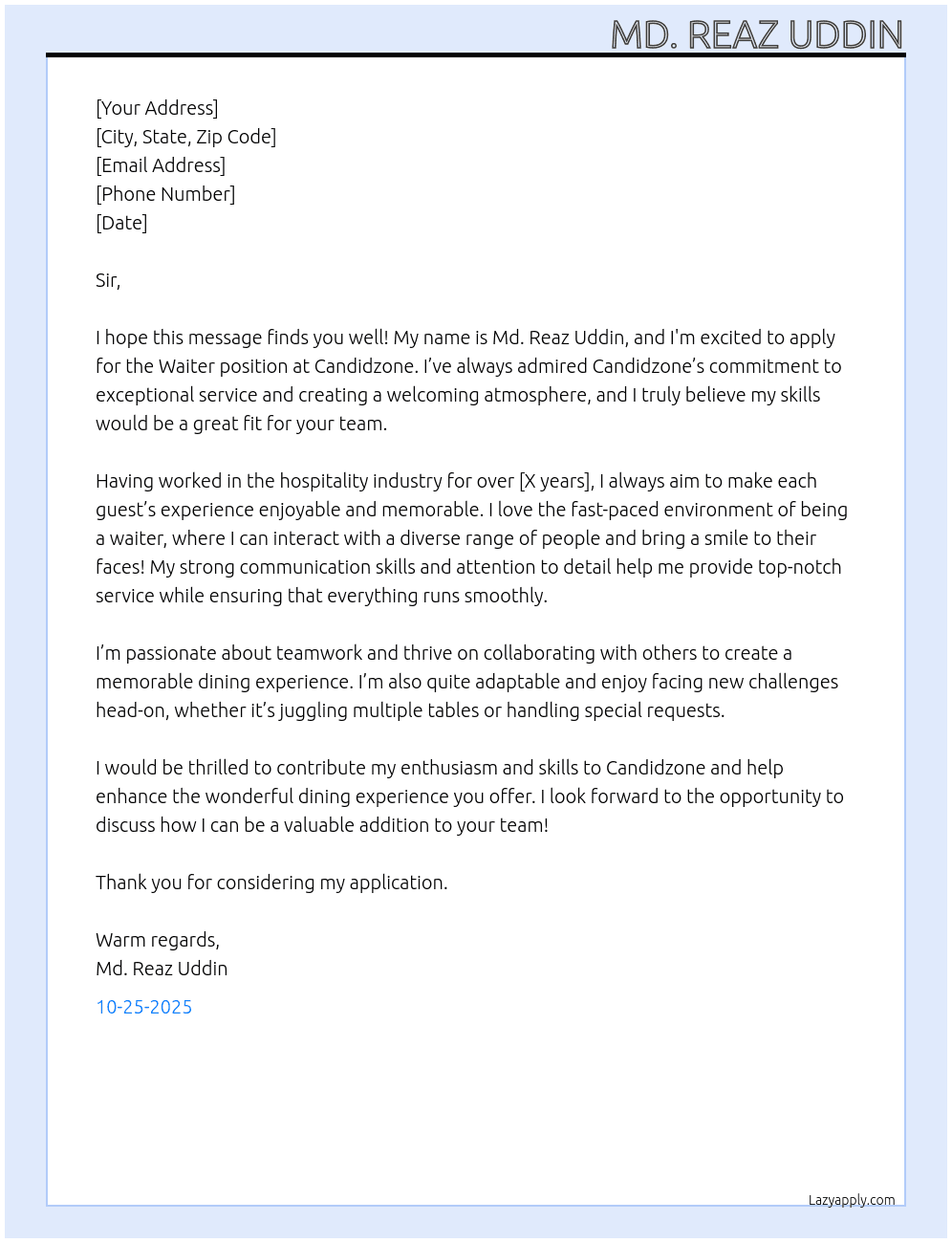 Waiter At Candidzone Cover Letter