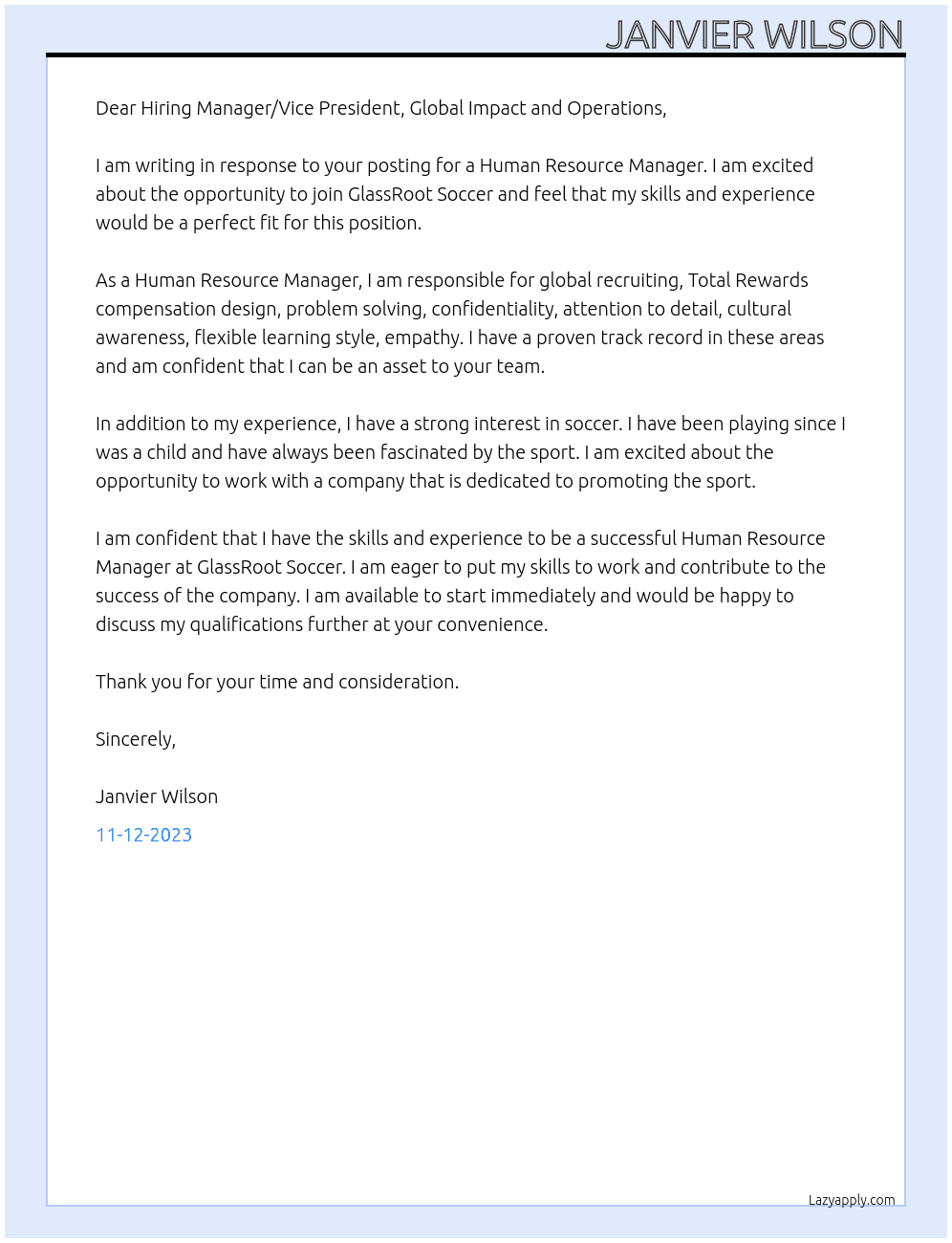 Human Resource Manager At GlassRoot Soccer Cover Letter