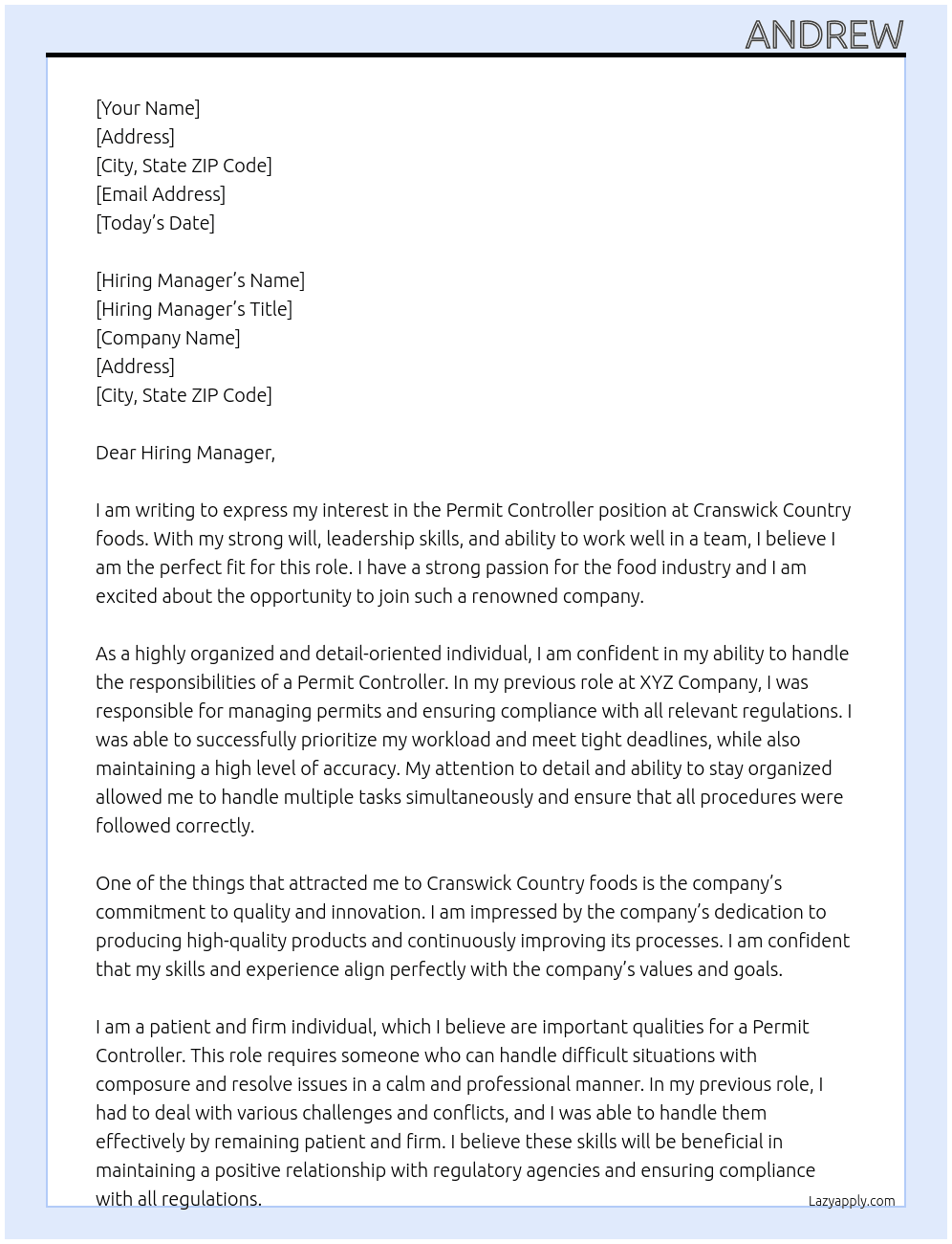 Permit Controller  At Cranswick Country foods Cover Letter