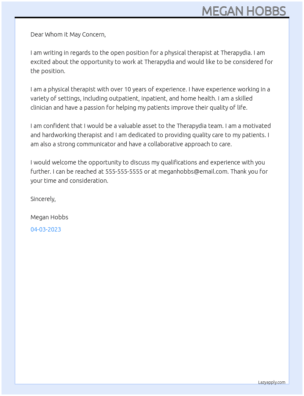 Physical therapist At Therapydia Cover Letter