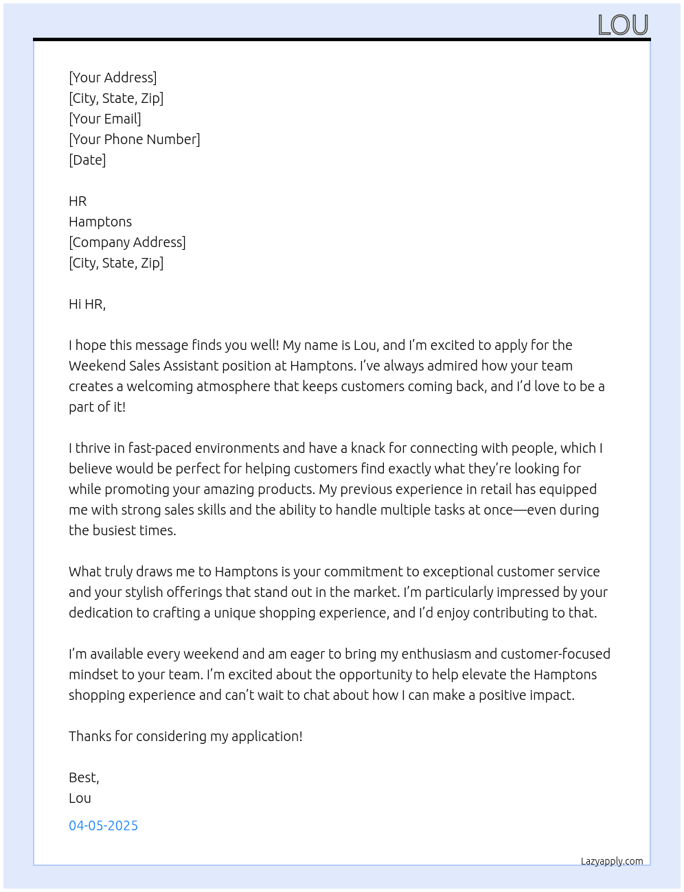 Cover letter for weekend sales assistant - LazyApply