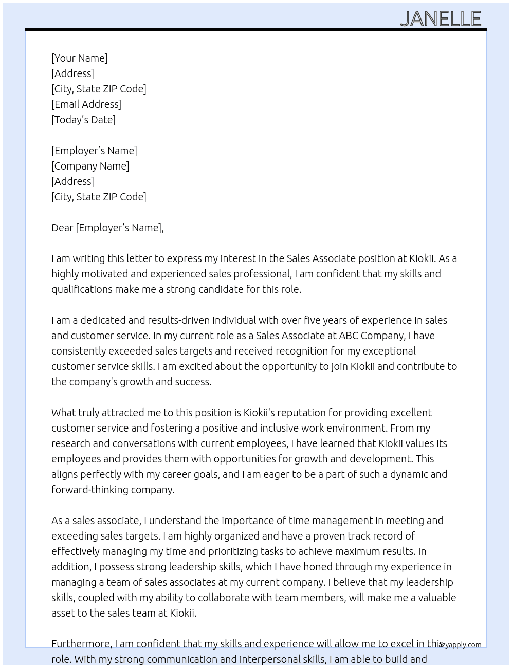 Sales associate  At Kiokii Cover Letter