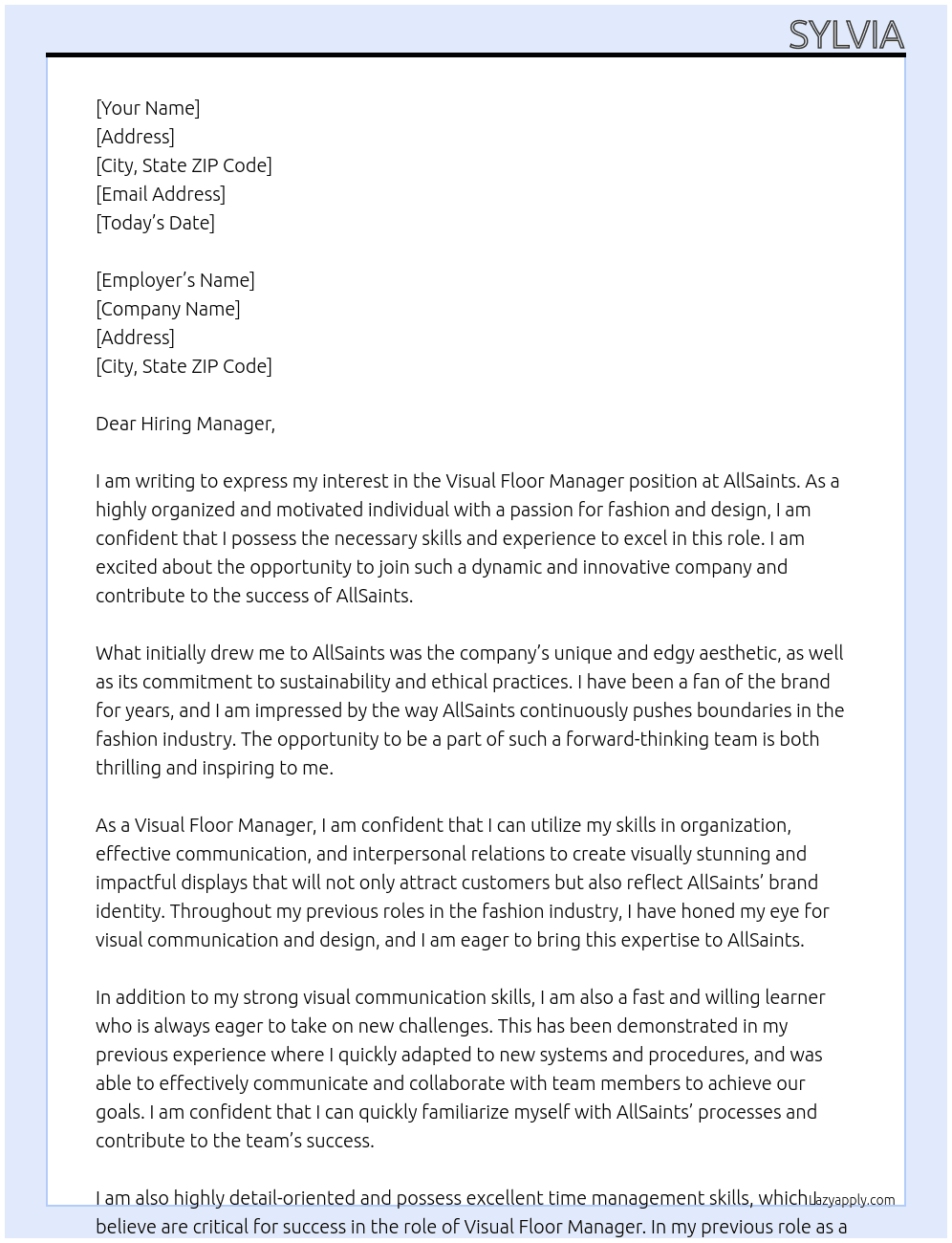 visual floor manager At allsaints Cover Letter