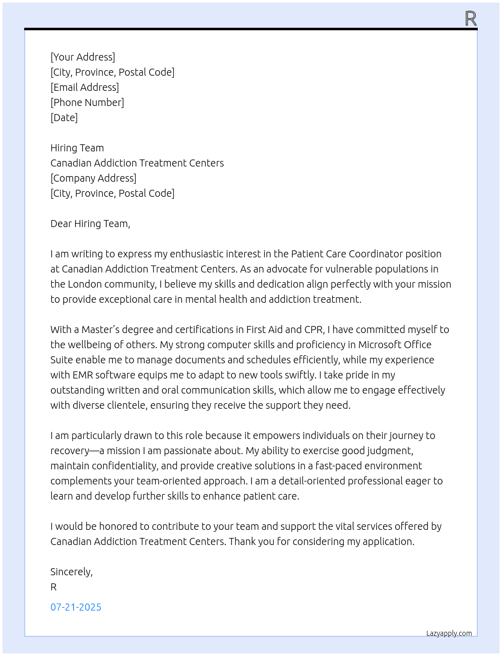 Patient Care Coordinator At Canadian Addiction Treatment Centers Cover Letter