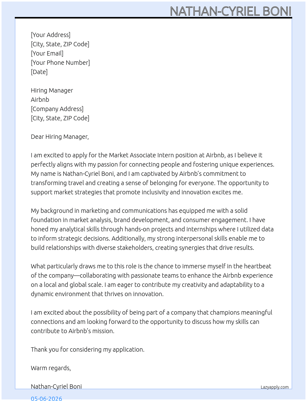 Market Associate Intern At Airbnb Cover Letter