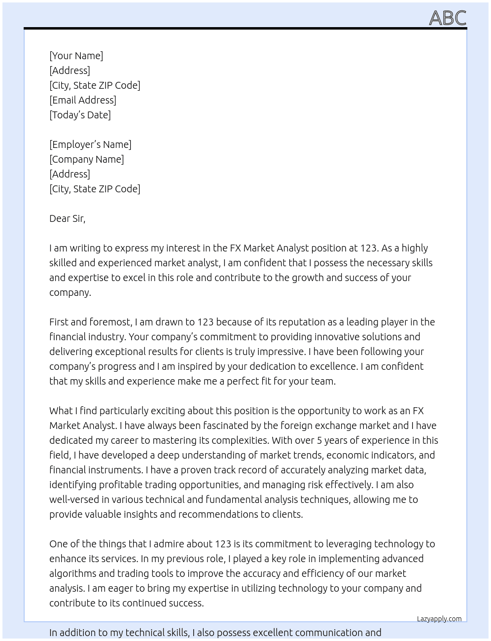 FX MARKET ANALYST At 123 Cover Letter