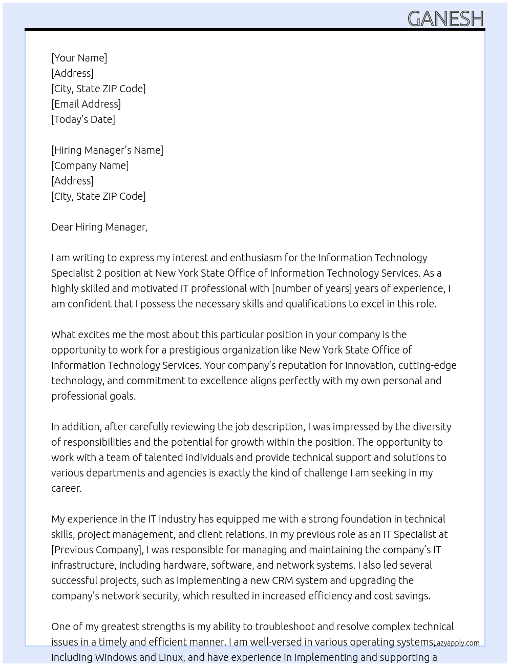 Cover letter for information technology specialist 2 - LazyApply