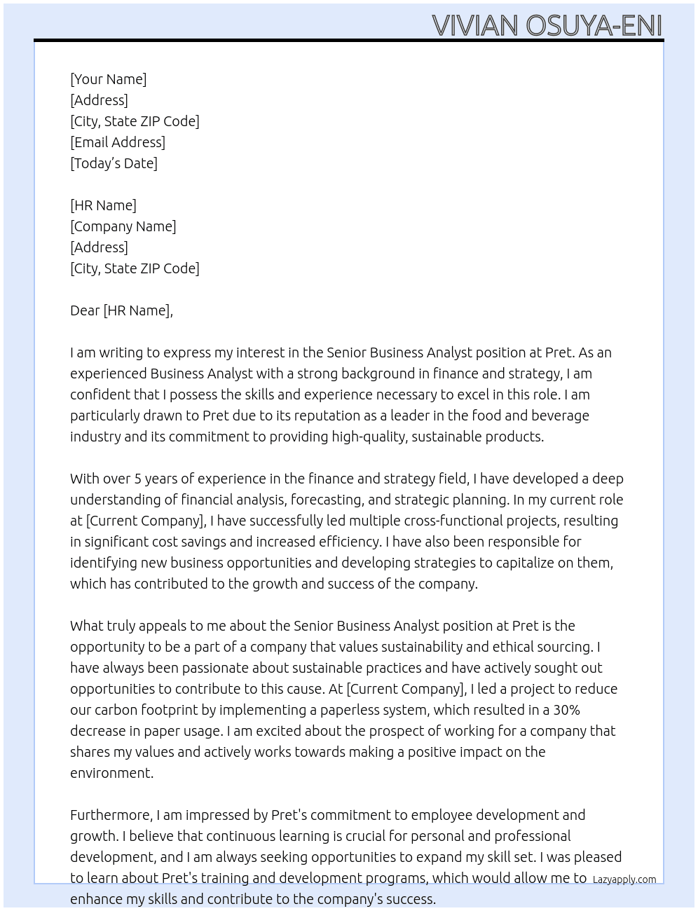 Senior Business Analyst At Pret  Cover Letter