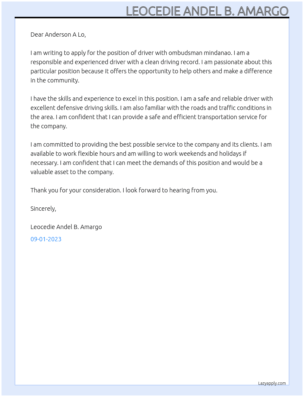 driver  At ombudsman mindanao Cover Letter