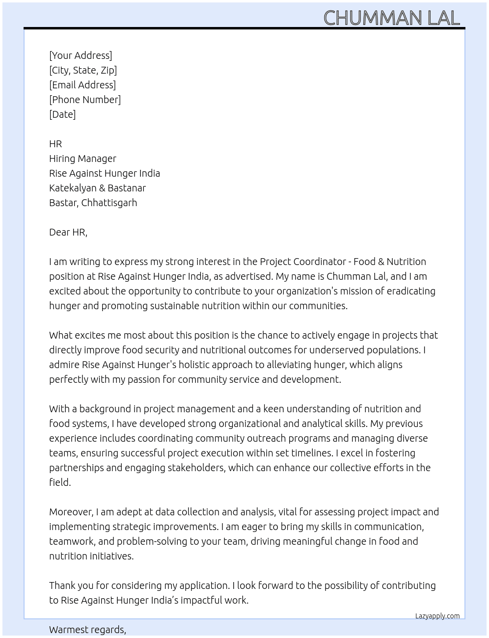 Cover letter for project coordinator - food & nutrition - LazyApply